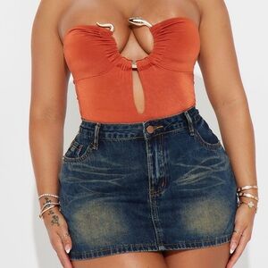 Fashion Nova Orange Bodysuit with Denim Skirt